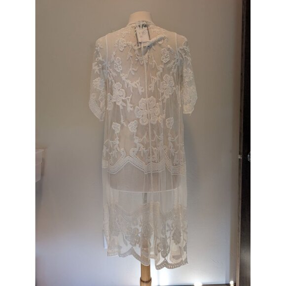 Elegant Sheer White Lace Kimono Cardigan Duster Medium Boho Cottagecore - Picture 4 of 6